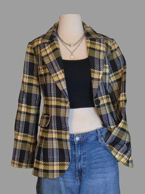 GREY LAB Yellow Black Plaid Blazer